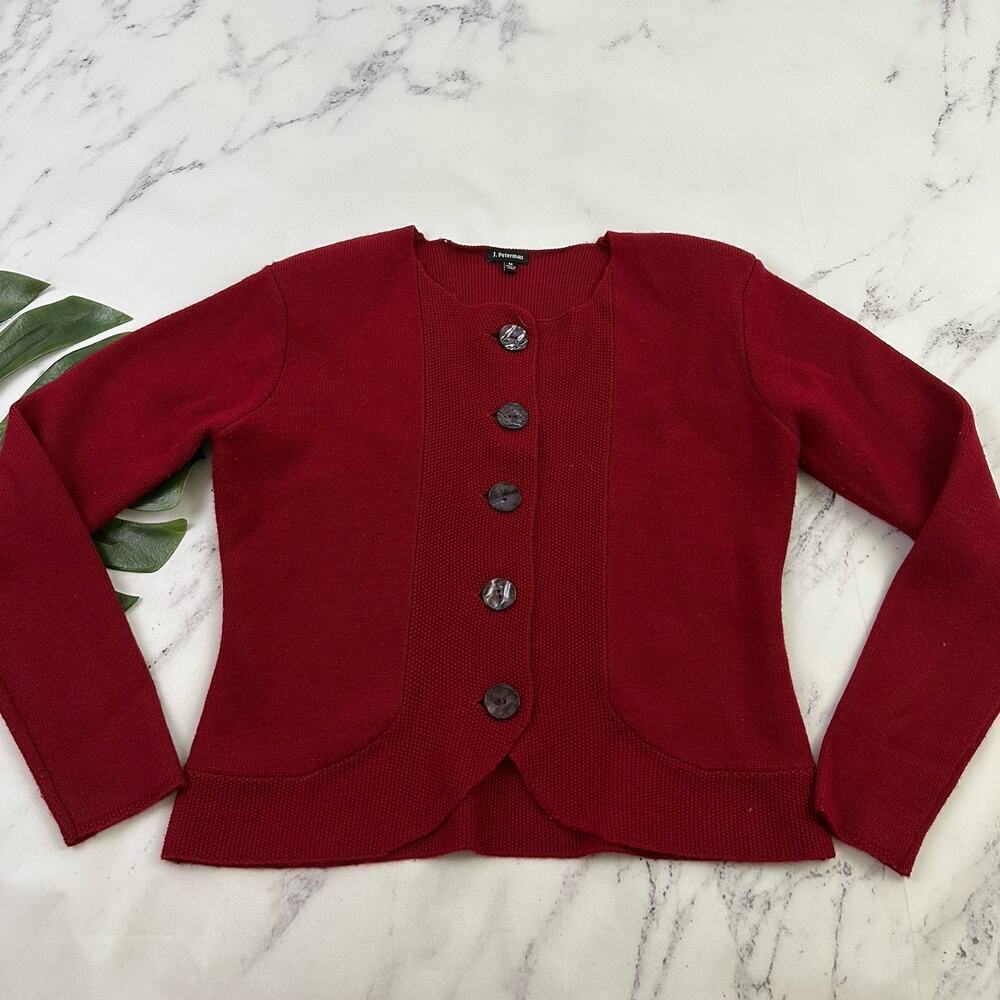 J Peterman Womens Cardigan Sweater Size M Red Merino Wool Knit Big Buttons